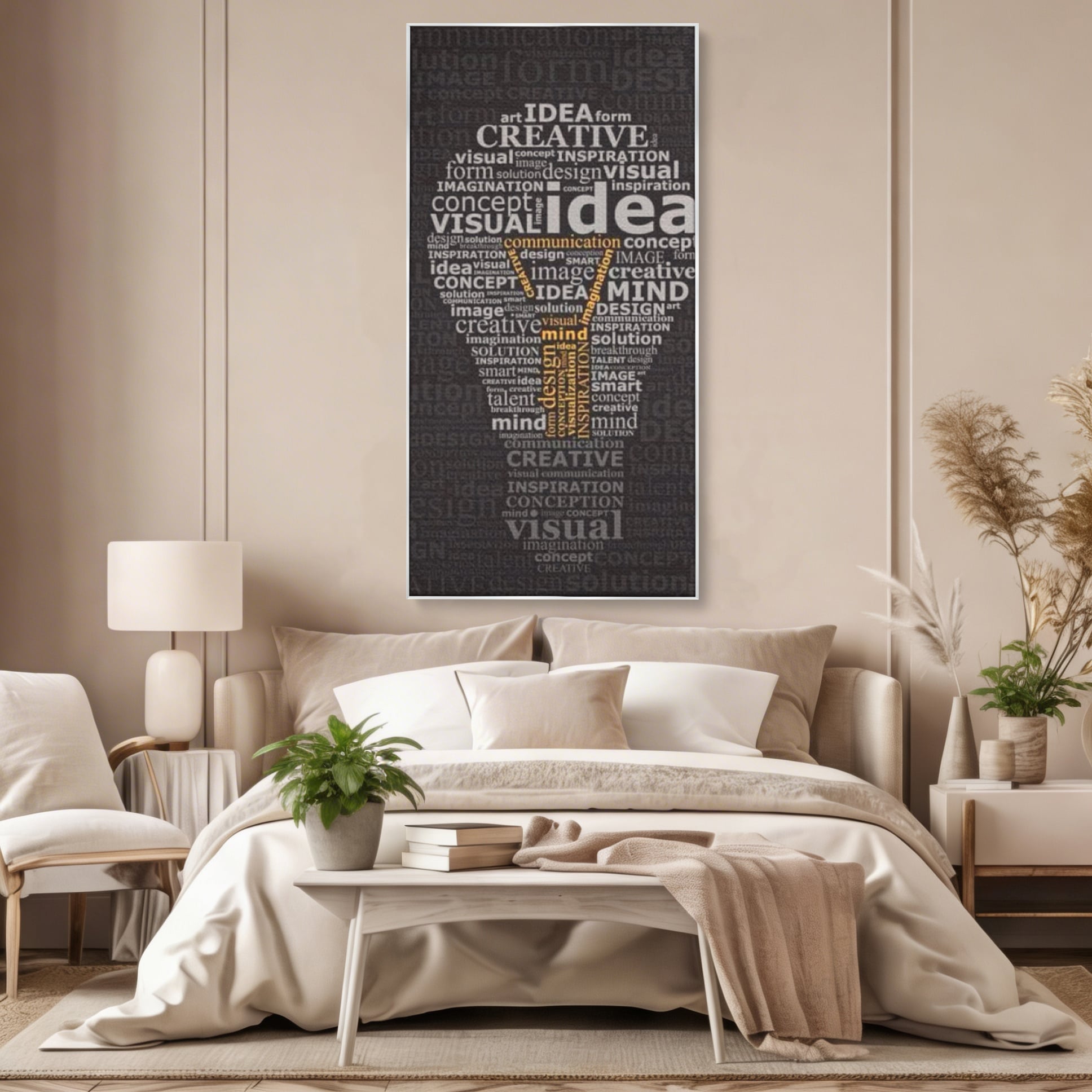 Tablou canvas cu tablou canvas cu silueta de bec formata din cuvinte, in rama de aluminiu argintiu, pe perete intr-un dormitor